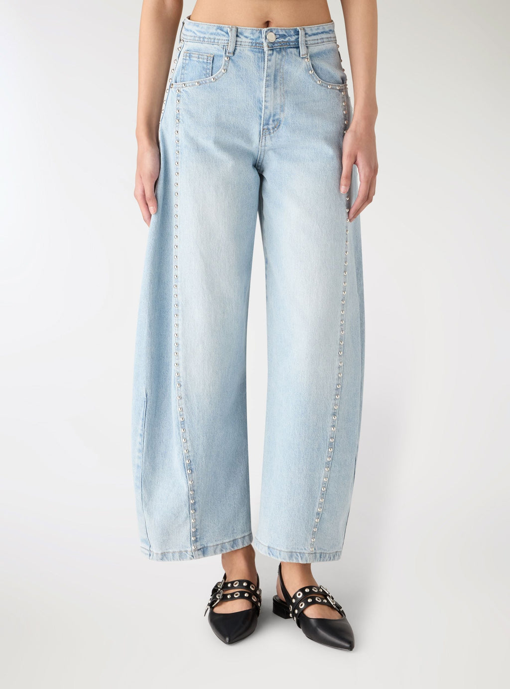 Light Denim Blue Studded Balloon Jeans