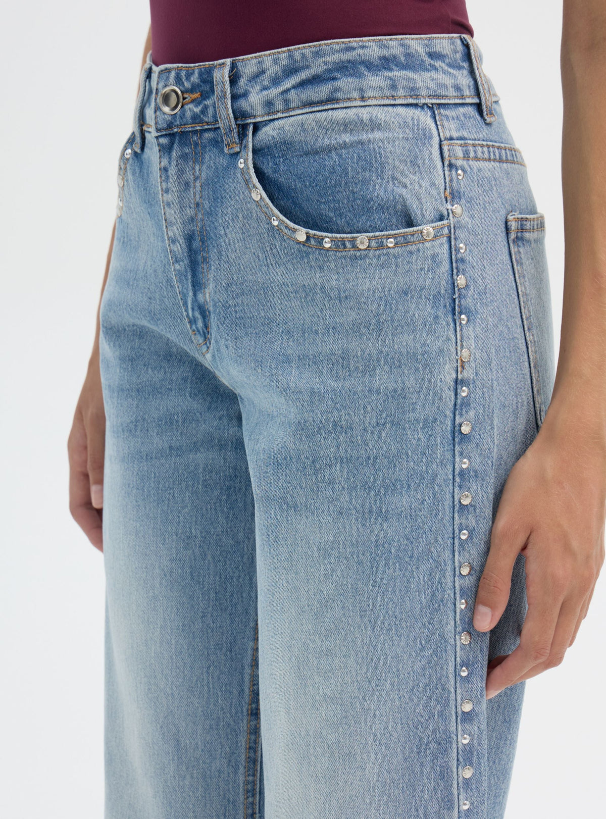 Wide-Leg Studded Jeans in Medium Denim Blue