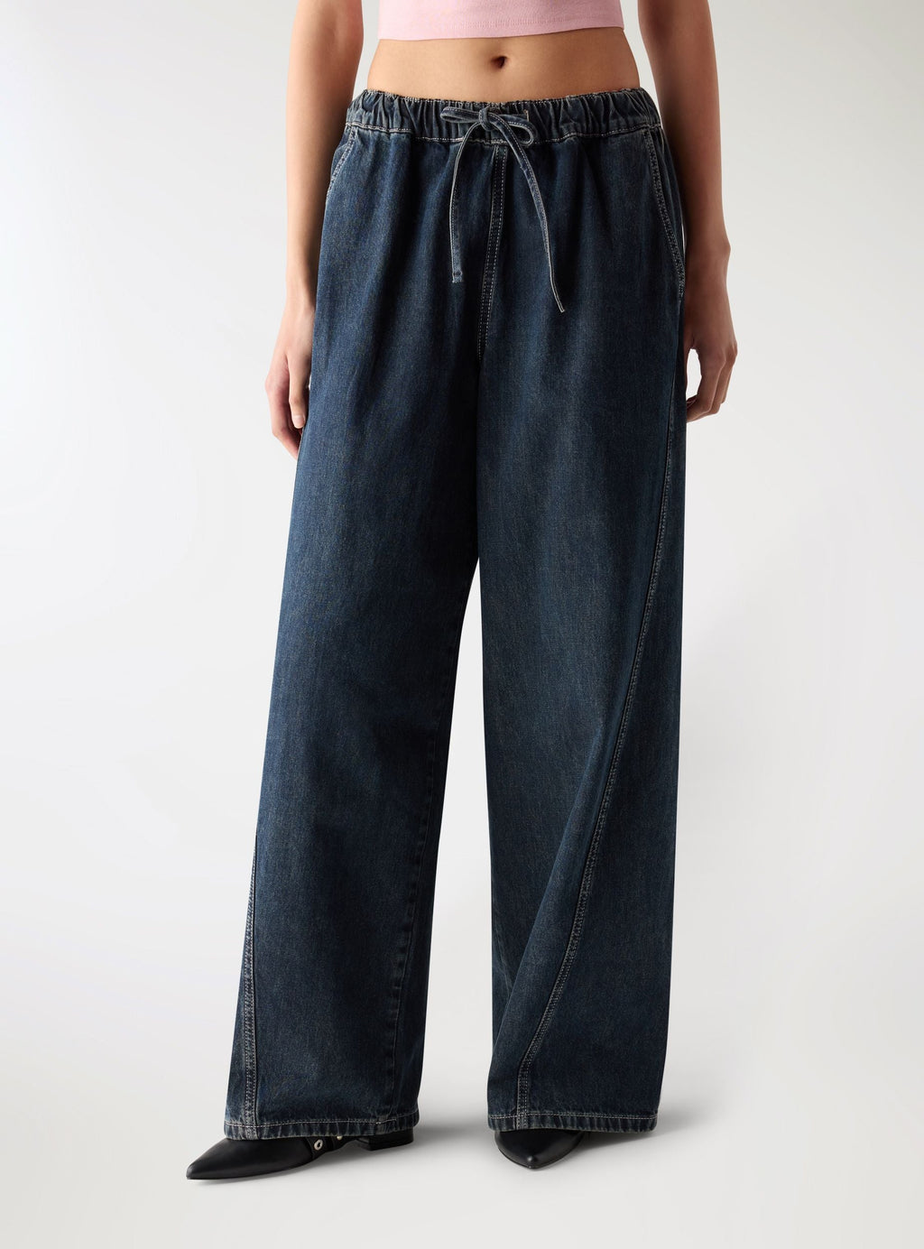 Dark Denim Wide Leg Drawstring Jeans