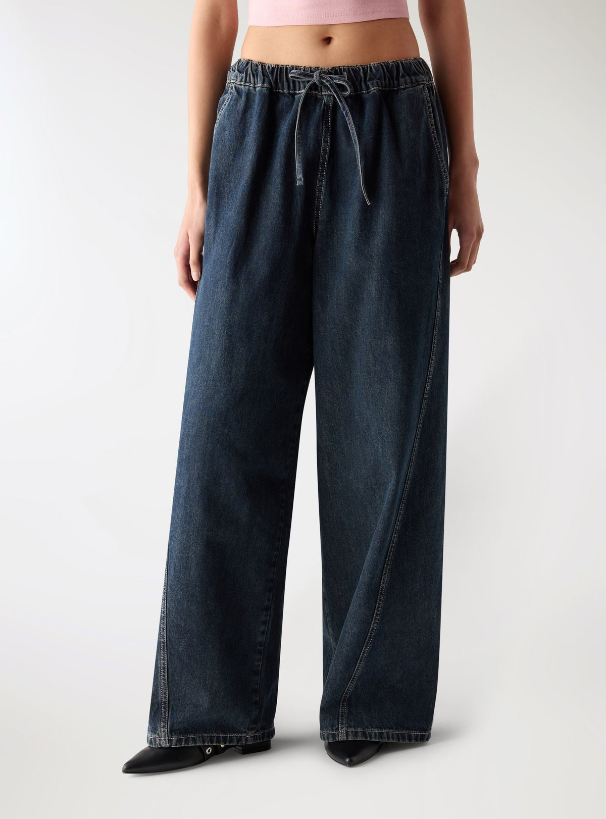 Dark Denim Wide Leg Drawstring Jeans