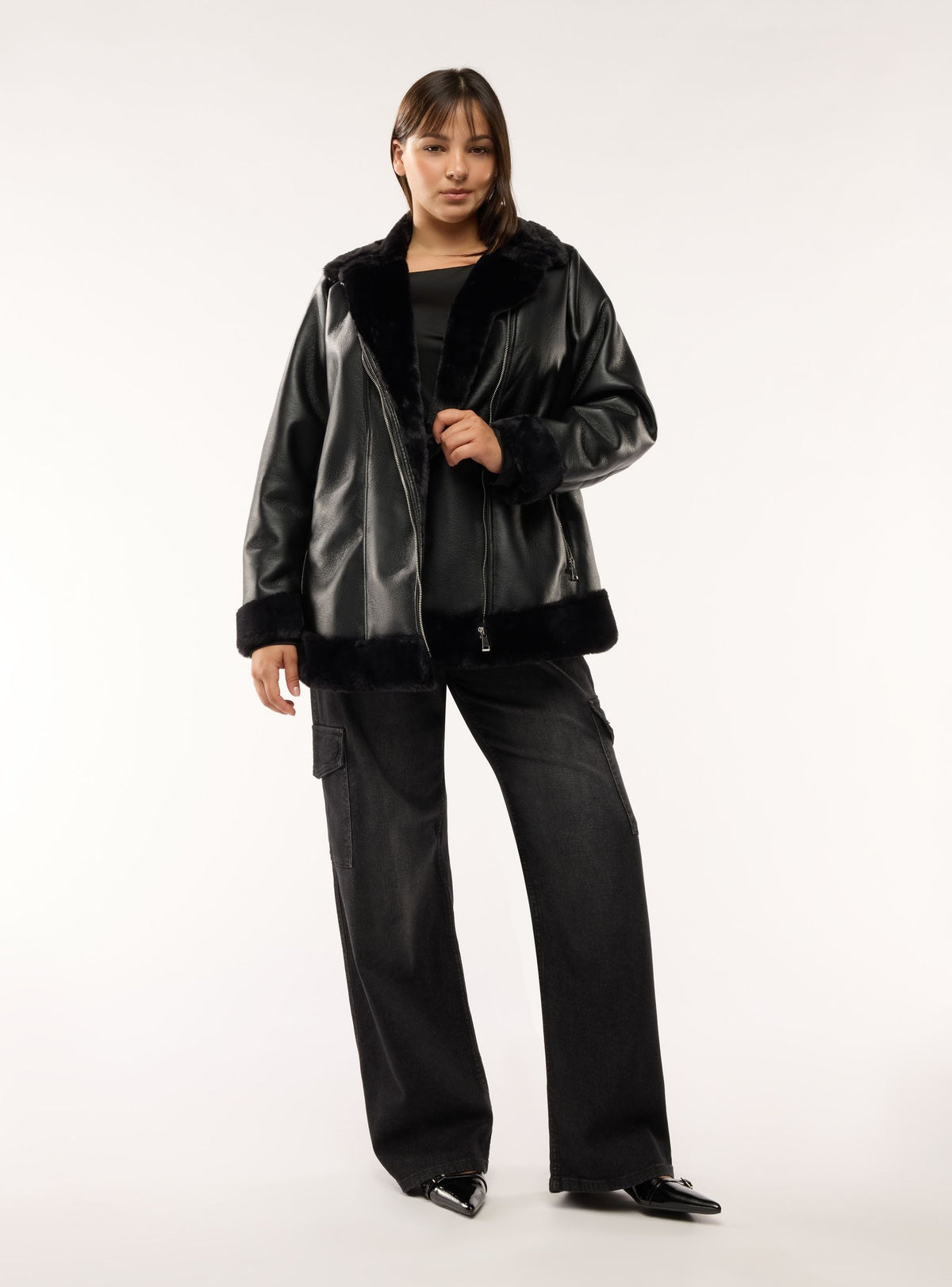 Black Faux Fur Collar Zip-Up Jacket