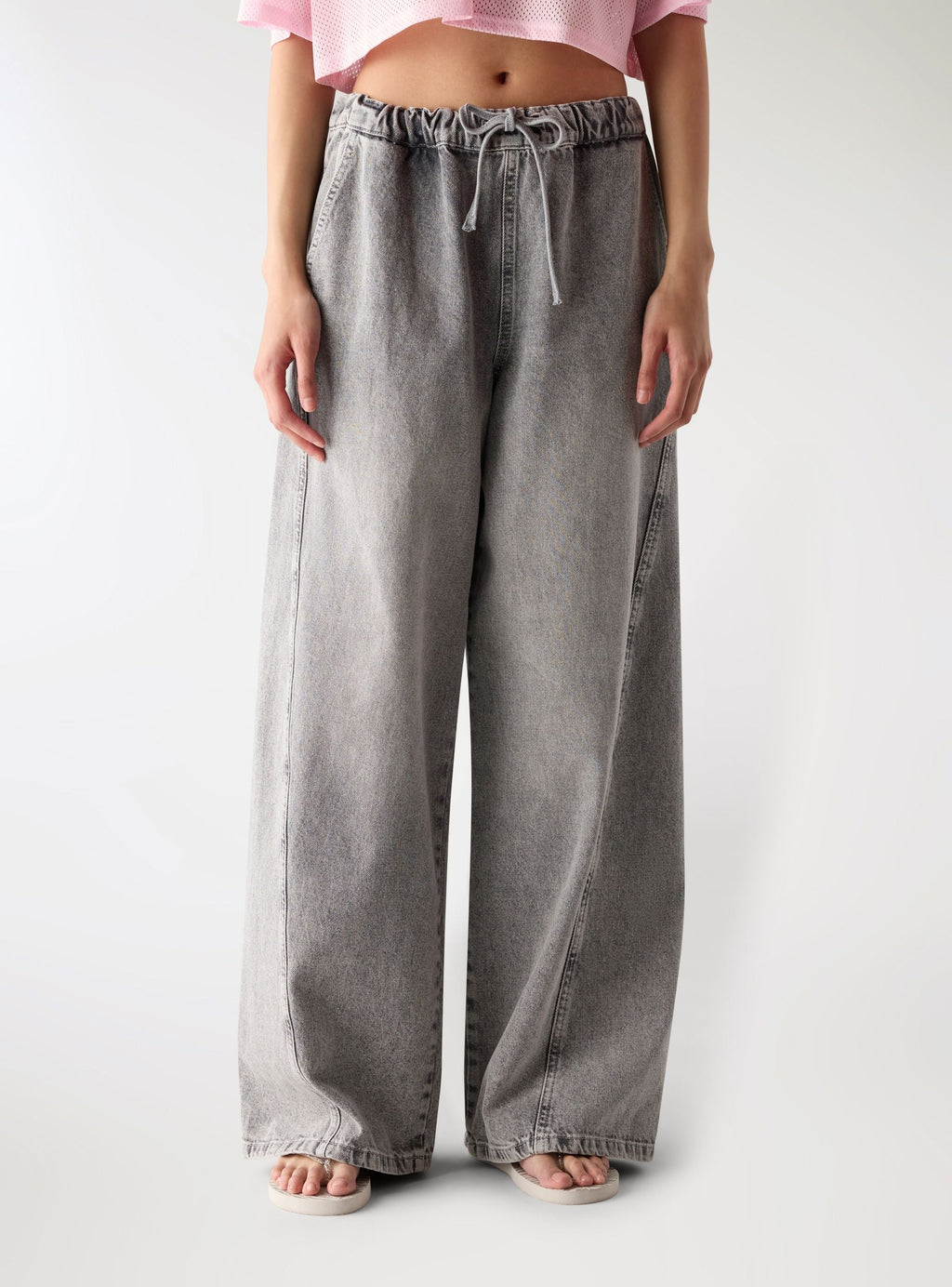Grey Denim Super Wide-Leg Drawstring Waist Jeans