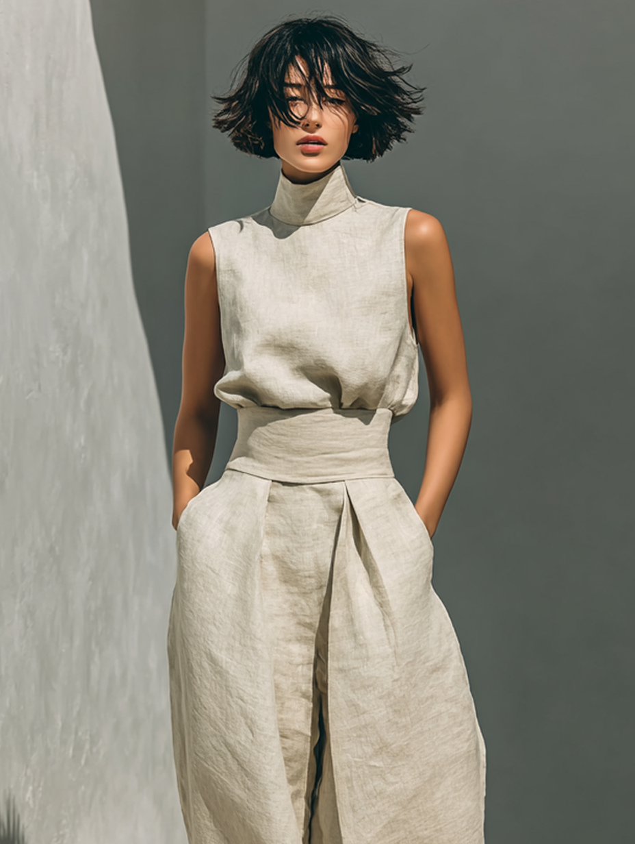 Conjunto Maria Completo con Top Cuello Alto y Pantalón Ancho de Algodón y Lino
