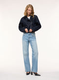 Blue Denim Biker Jacket with Diagonal Zipper and Belt