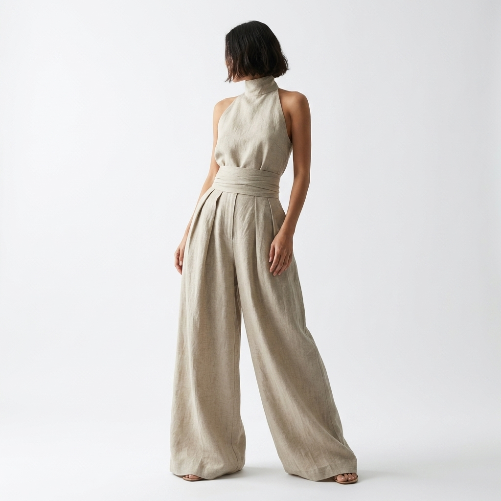 Conjunto Maria Completo con Top Cuello Alto y Pantalón Ancho de Algodón y Lino