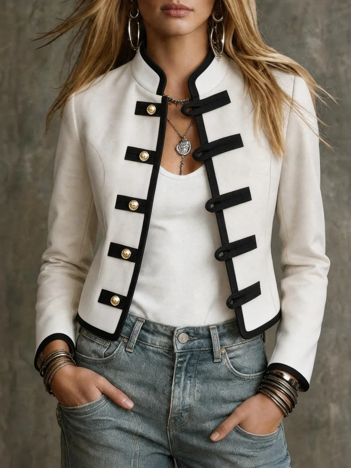 Adriana | Chaqueta de mujer de otoño con patchwork en blanco y negro