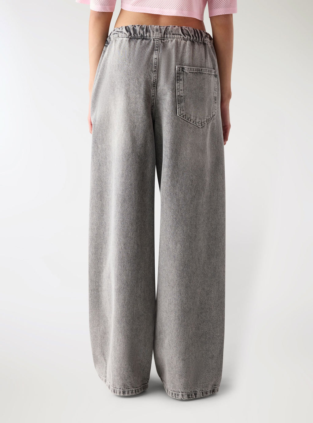 Grey Denim Super Wide-Leg Drawstring Waist Jeans