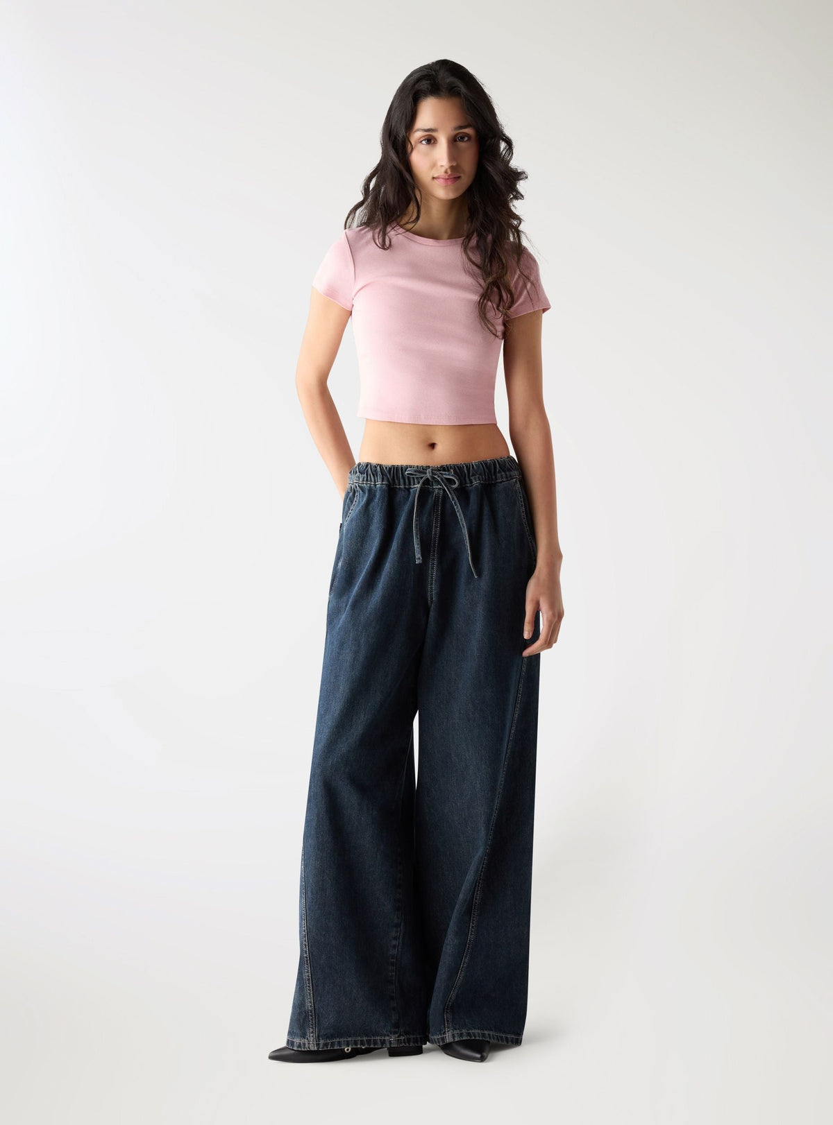 Dark Denim Wide Leg Drawstring Jeans