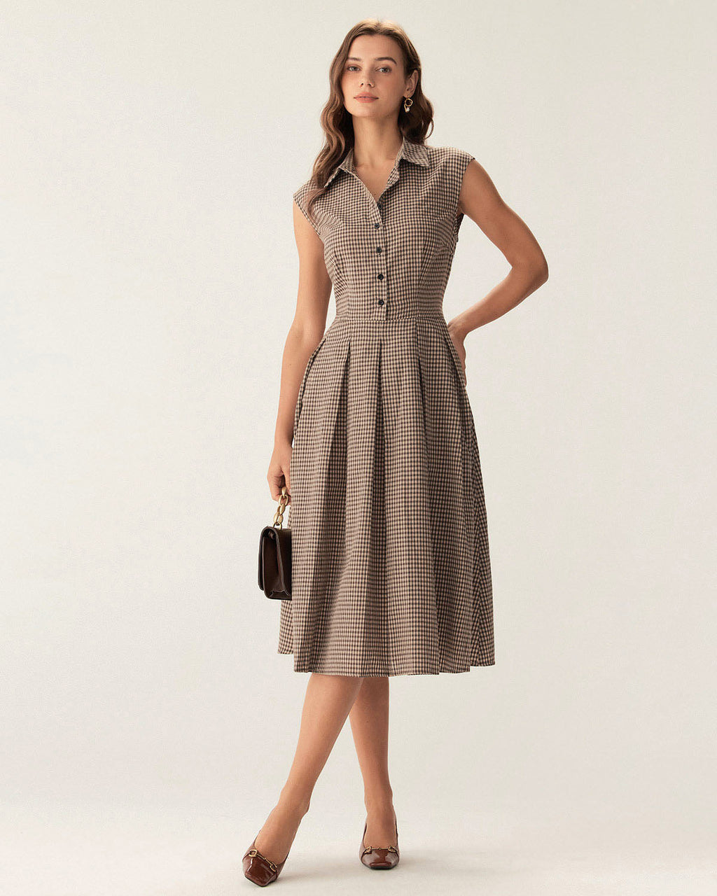 Manuela | Vestido Midi de Cuadros Marrón Mujer Botones y Falda Plisada
