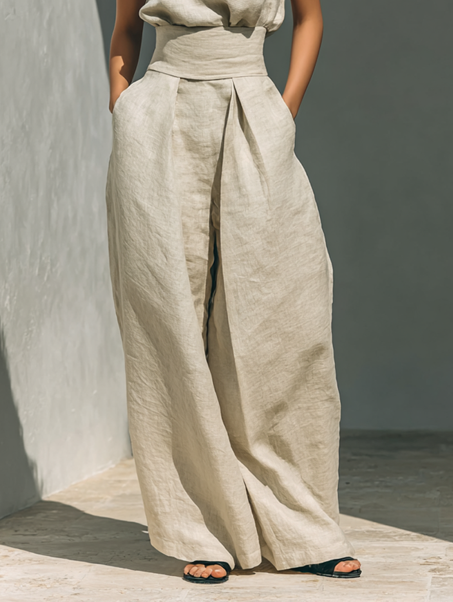 Conjunto Maria Completo con Top Cuello Alto y Pantalón Ancho de Algodón y Lino