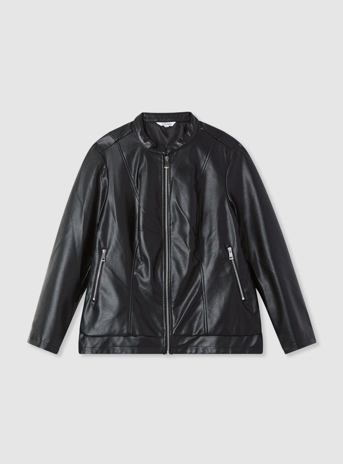 Faux leather bomber jacket with mandarin collar