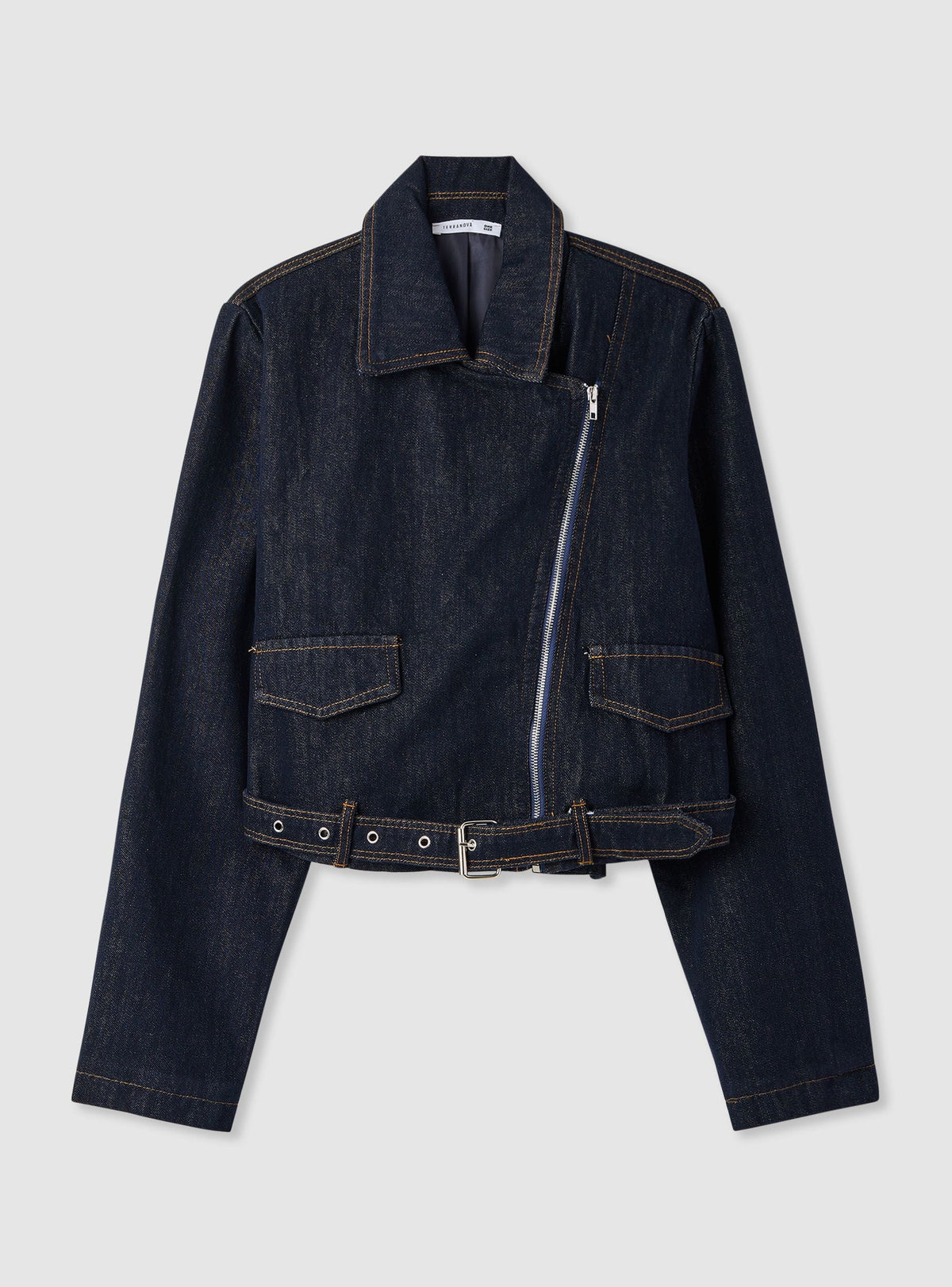 Blue Denim Biker Jacket with Diagonal Zipper and Belt