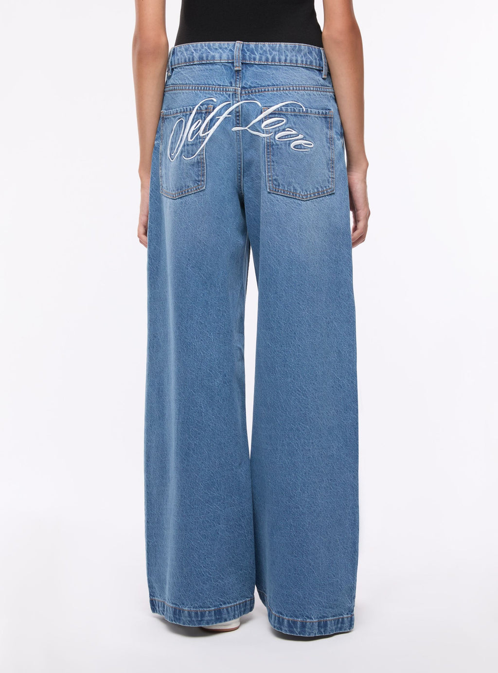 Vaqueros Baggy Tiro Bajo con Bordado Azul Denim Medio