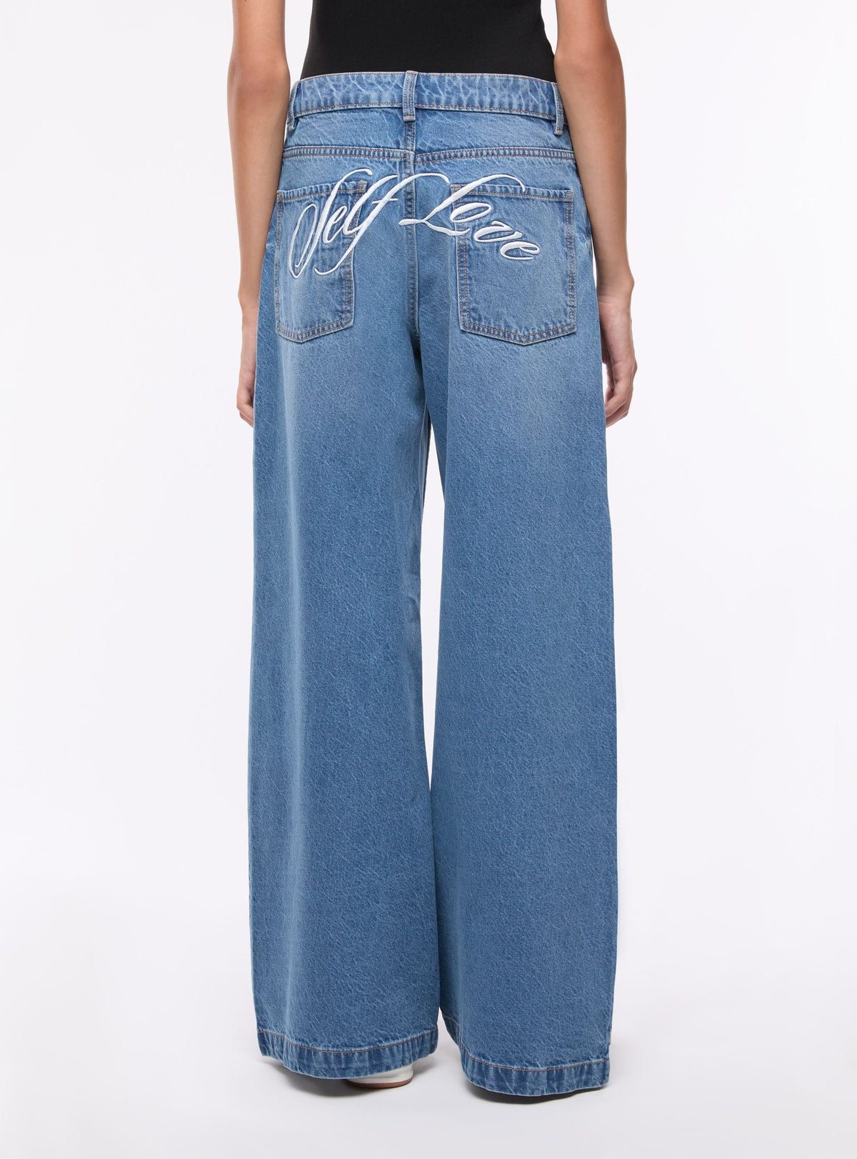 Vaqueros Baggy Tiro Bajo con Bordado Azul Denim Medio