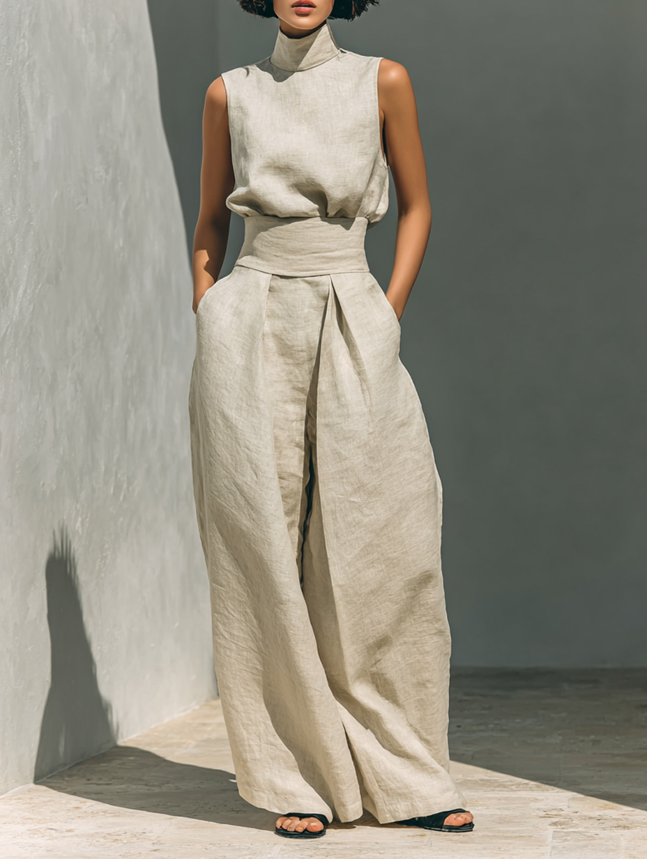 Conjunto Maria Completo con Top Cuello Alto y Pantalón Ancho de Algodón y Lino