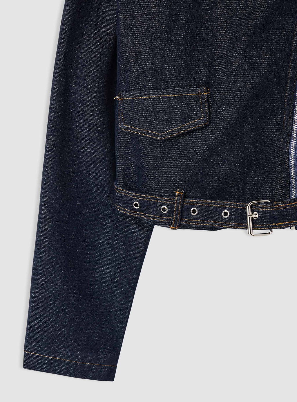 Blue Denim Biker Jacket with Diagonal Zipper and Belt