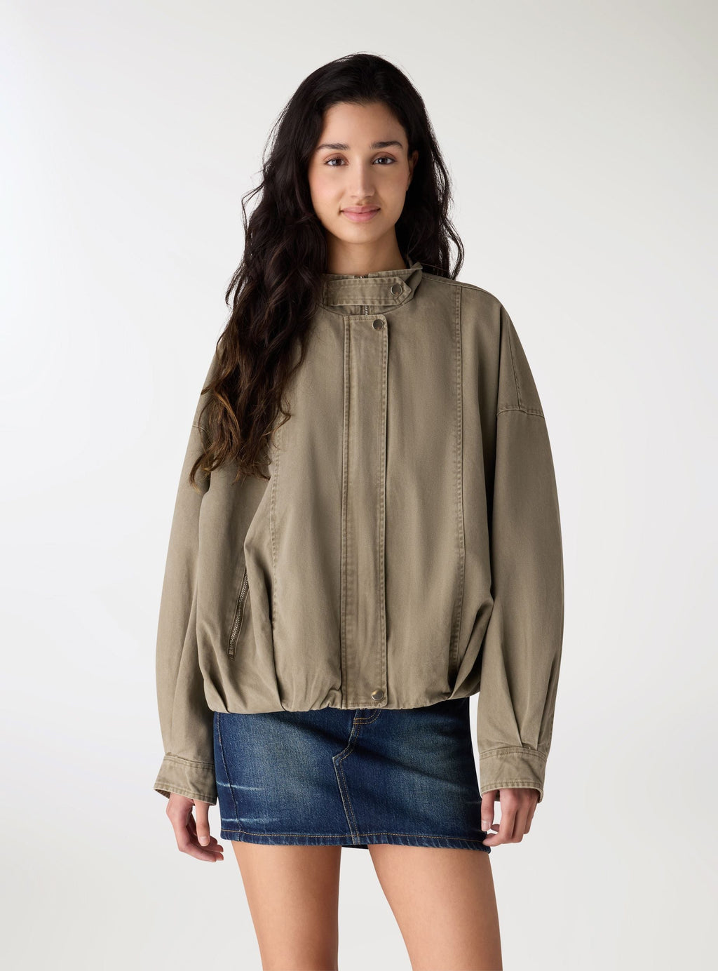 Military Green Mandarin Collar Balloon Jacket