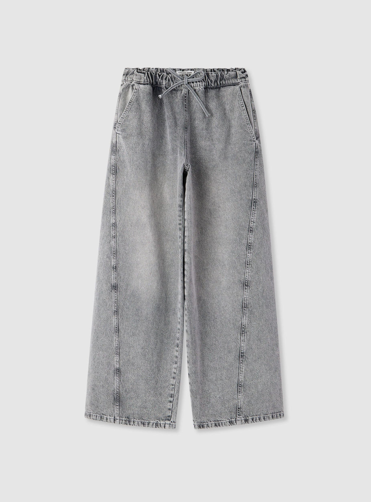 Grey Denim Super Wide-Leg Drawstring Waist Jeans