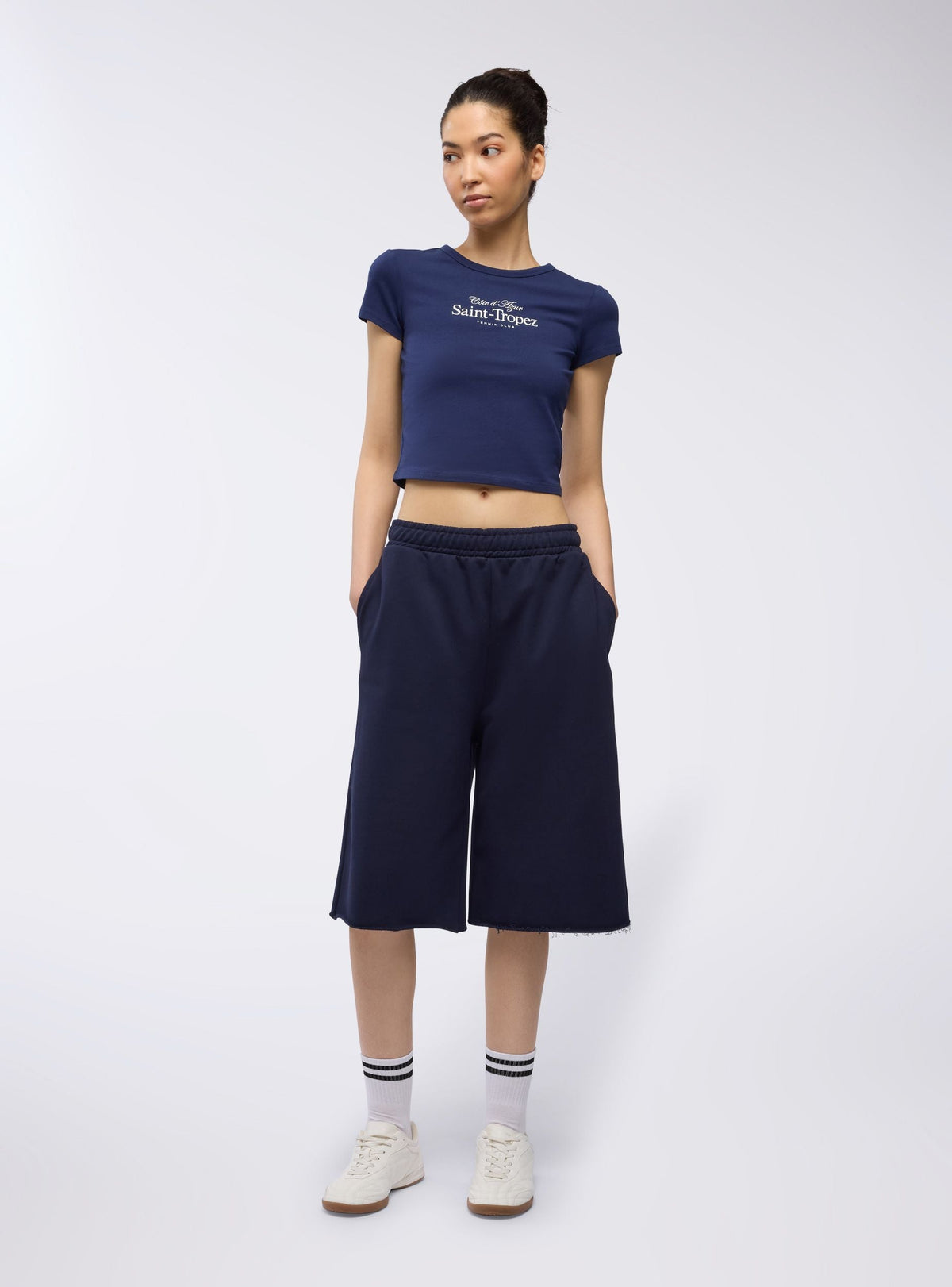 Dark Blue Fleece Long Bermuda Shorts