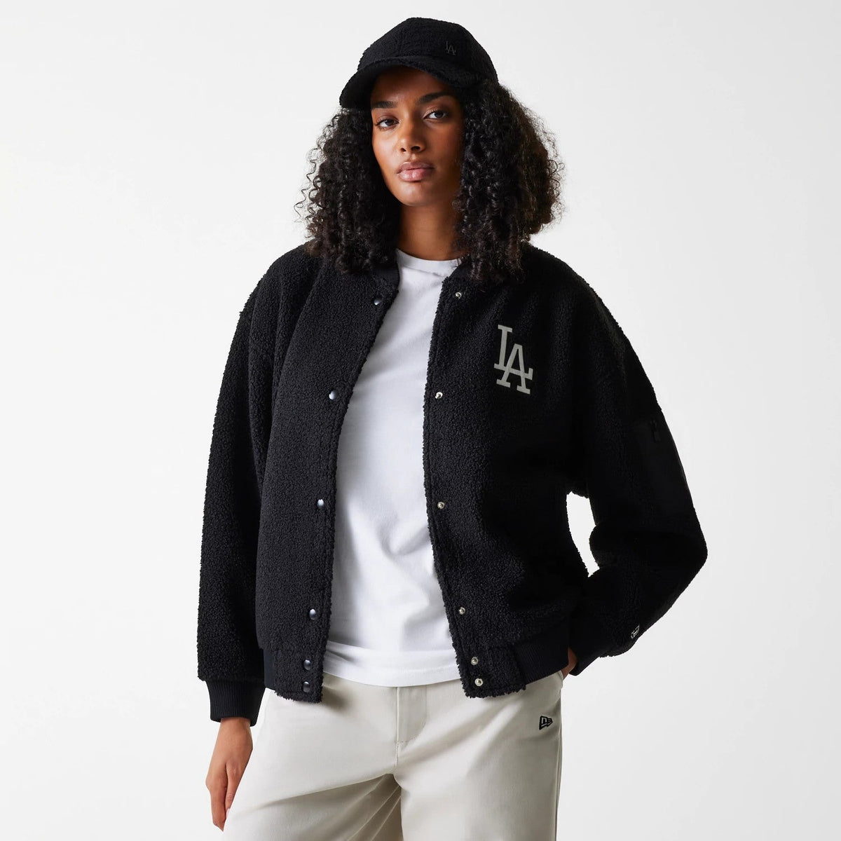LA Dodgers Women's MLB Black Oversized Sherpa Bomber Jacket