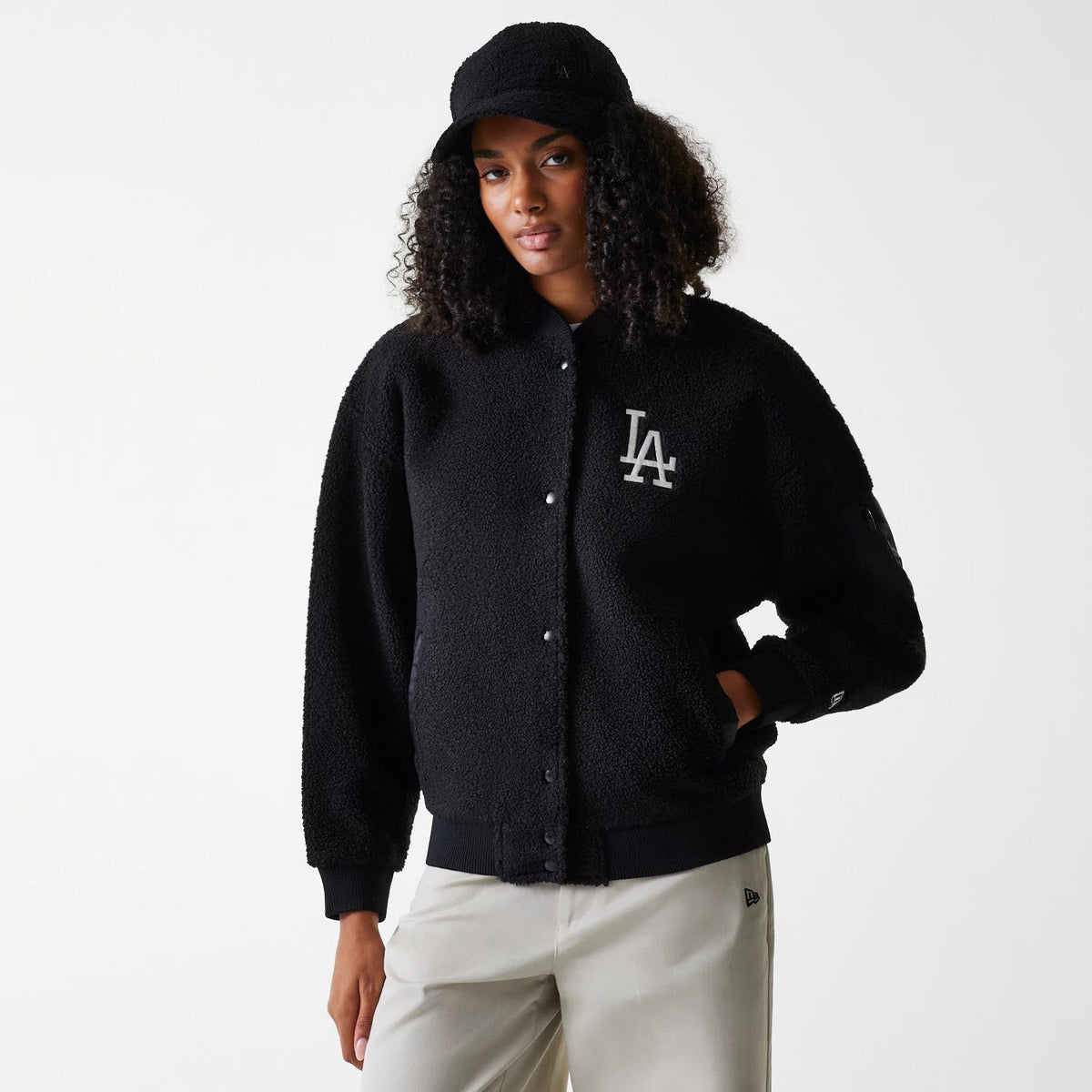 LA Dodgers Women's MLB Black Oversized Sherpa Bomber Jacket