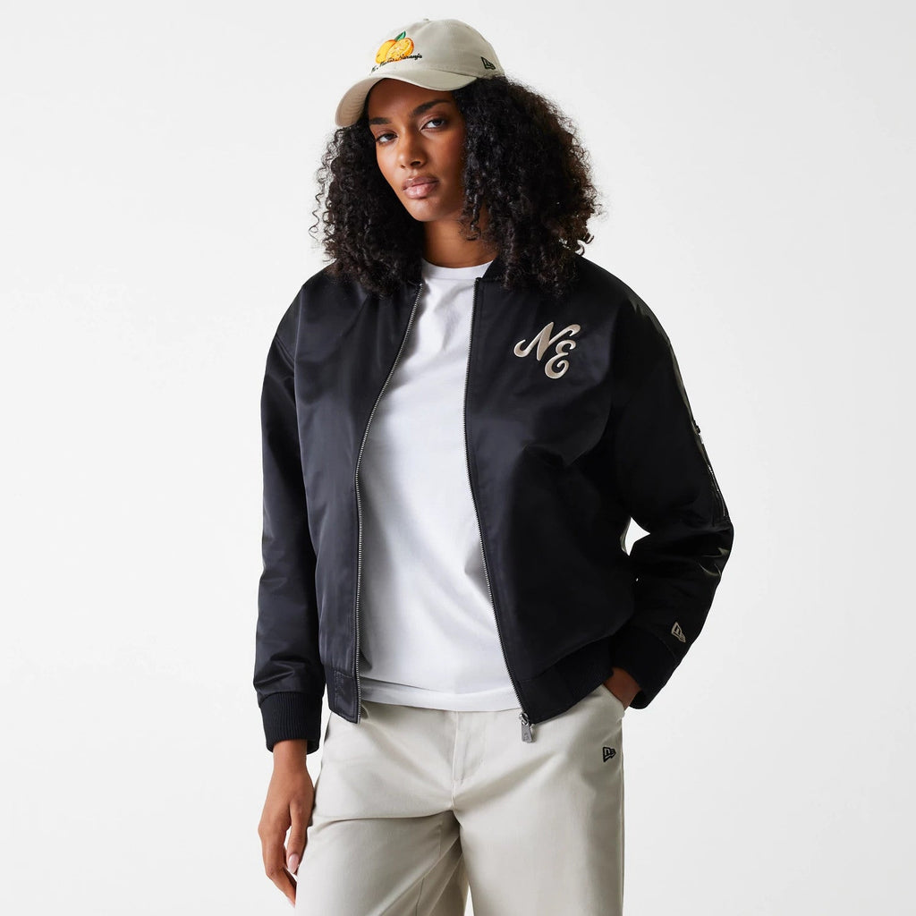 Womens New Era Black Satin Bomber Jacket