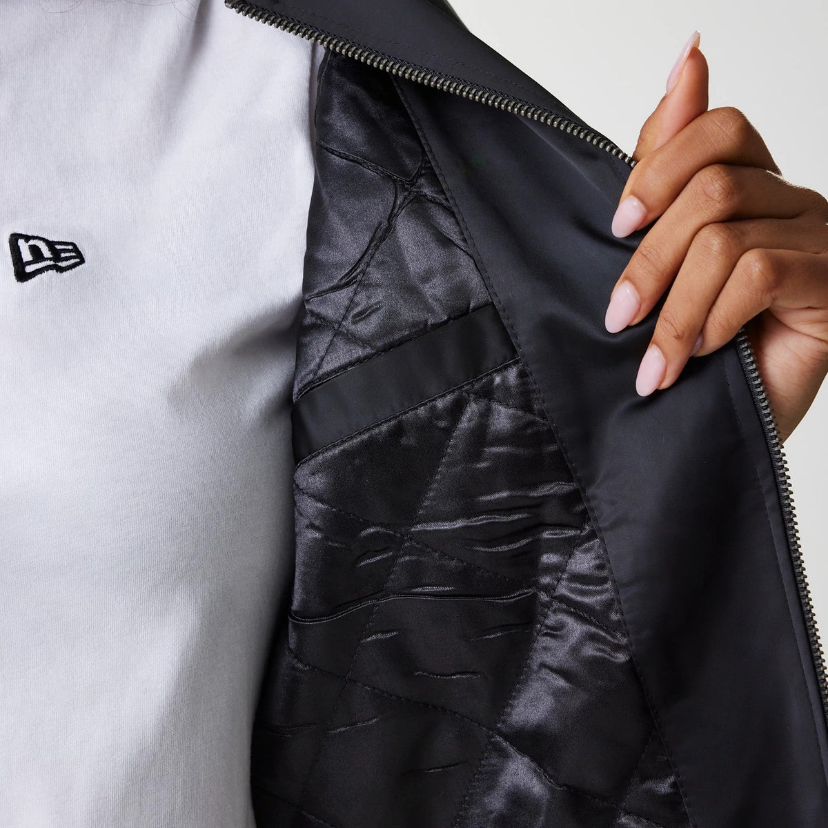 Womens New Era Black Satin Bomber Jacket