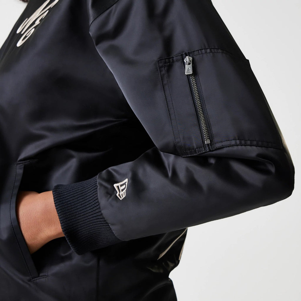 Womens New Era Black Satin Bomber Jacket