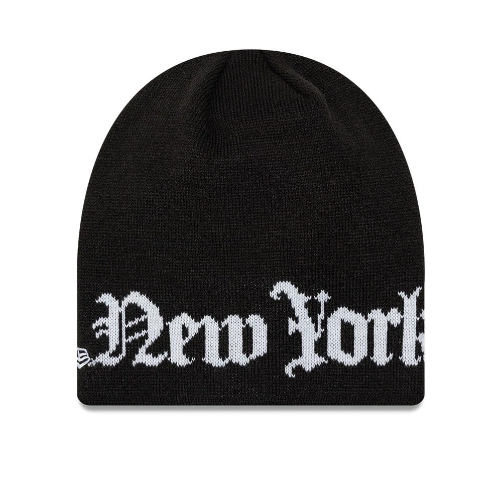 New York Yankees MLB Script Black Skull Knit Beanie Hat