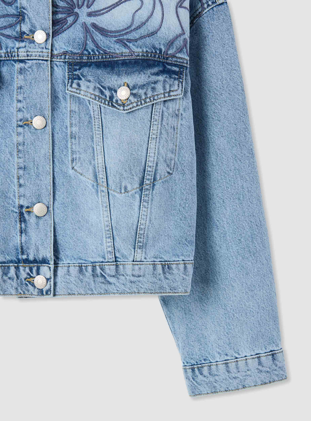 Chaqueta Vaquera con Bordado Floral Azul Medio