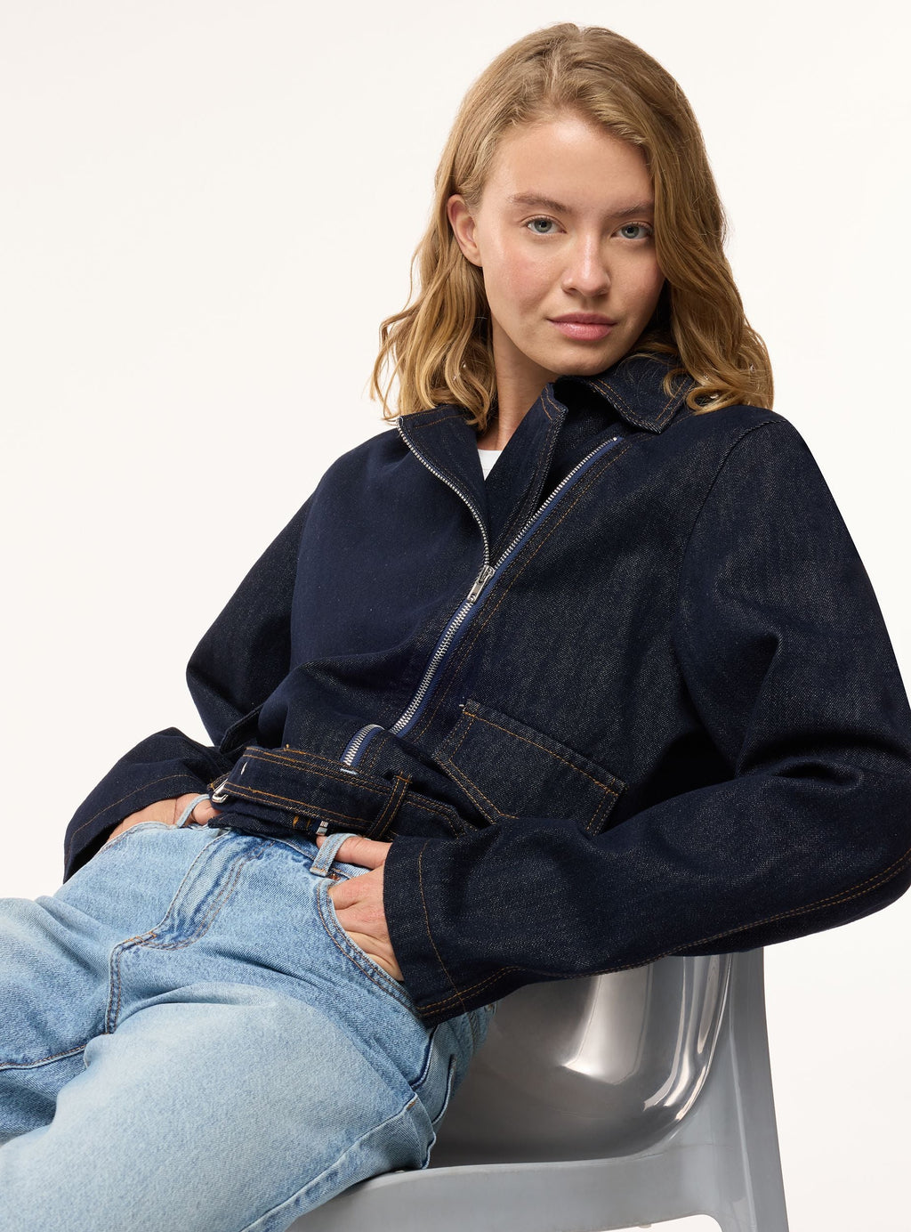 Blue Denim Biker Jacket with Diagonal Zipper and Belt