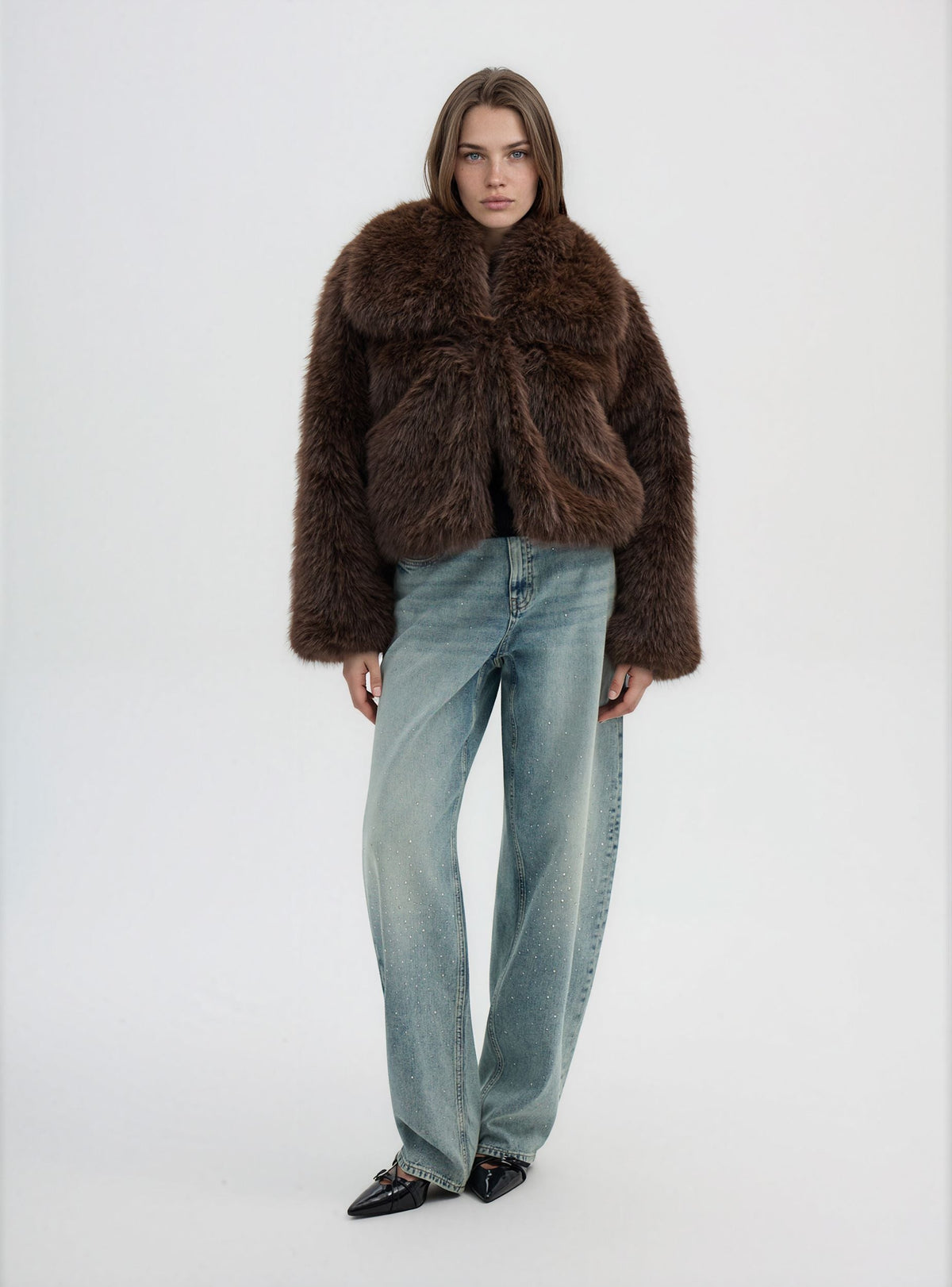 Chaqueta Corta con Cuello Efecto Pelo Largo Cacao