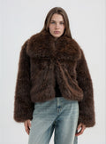 Chaqueta Corta con Cuello Efecto Pelo Largo Cacao