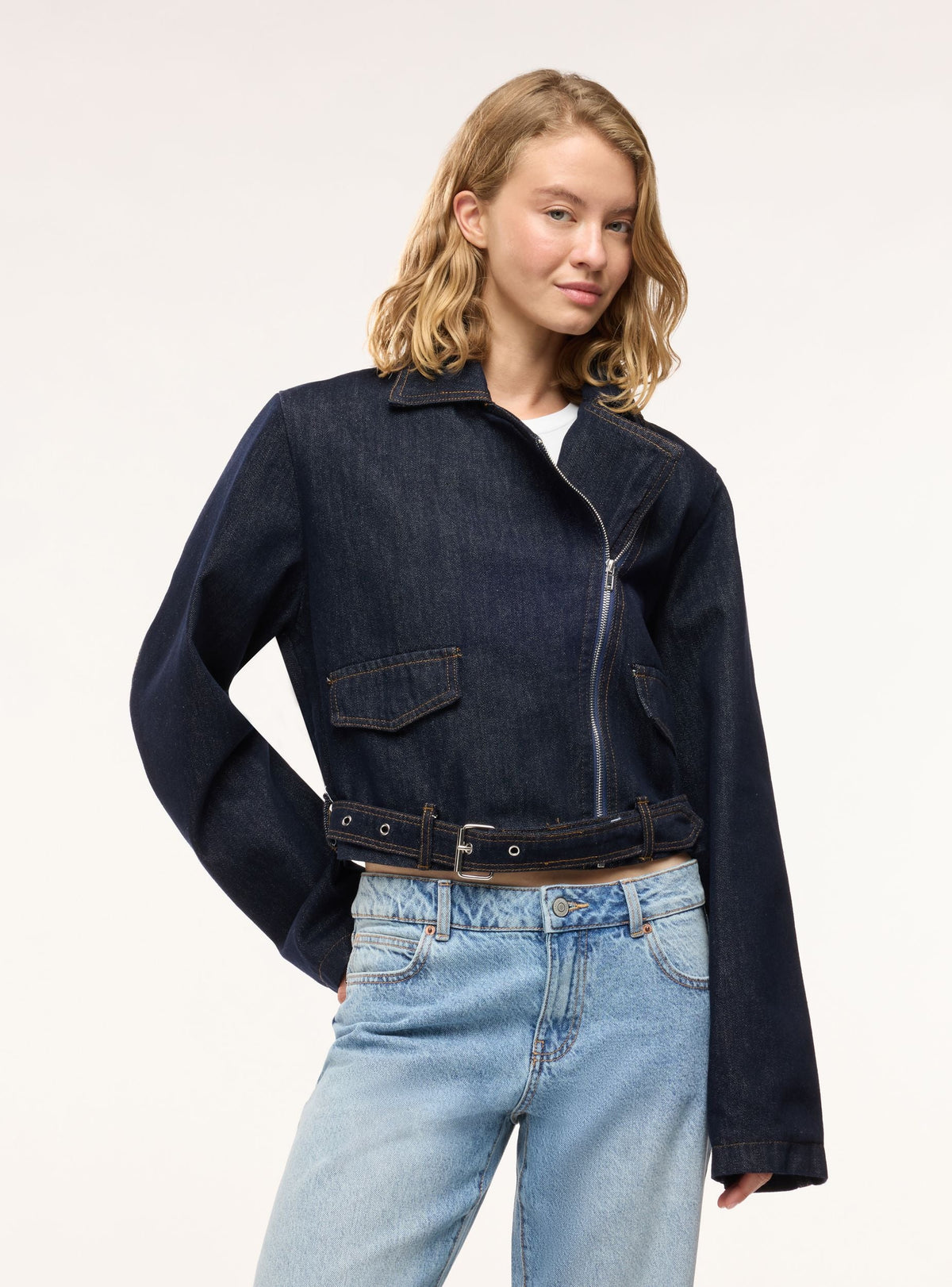 Blue Denim Biker Jacket with Diagonal Zipper and Belt