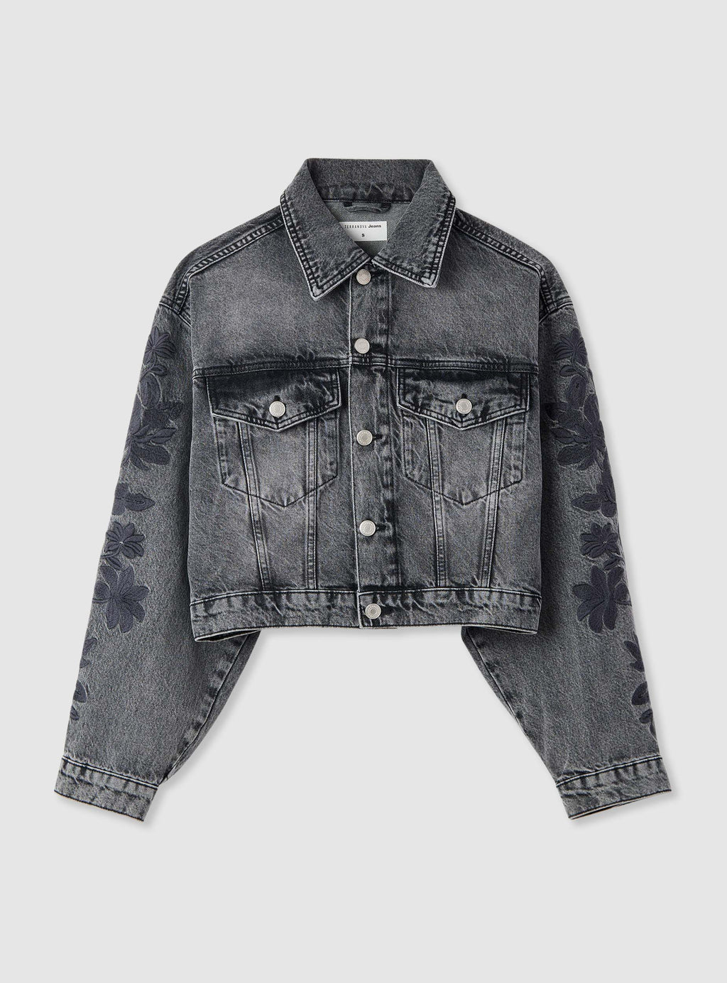 Chaqueta Vaquera Corta con Bordado Floral Azul Claro