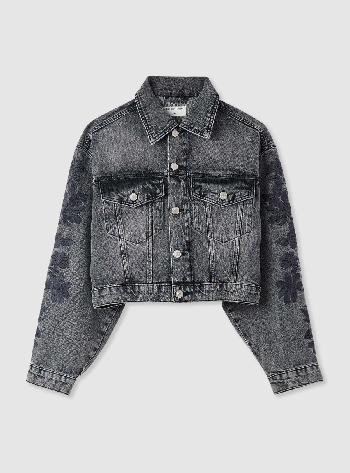 Chaqueta Vaquera Corta con Bordado Floral Azul Claro