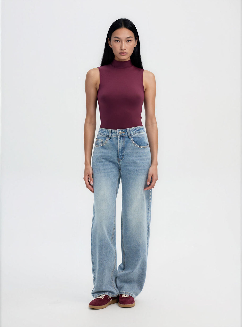 Wide-Leg Studded Jeans in Medium Denim Blue