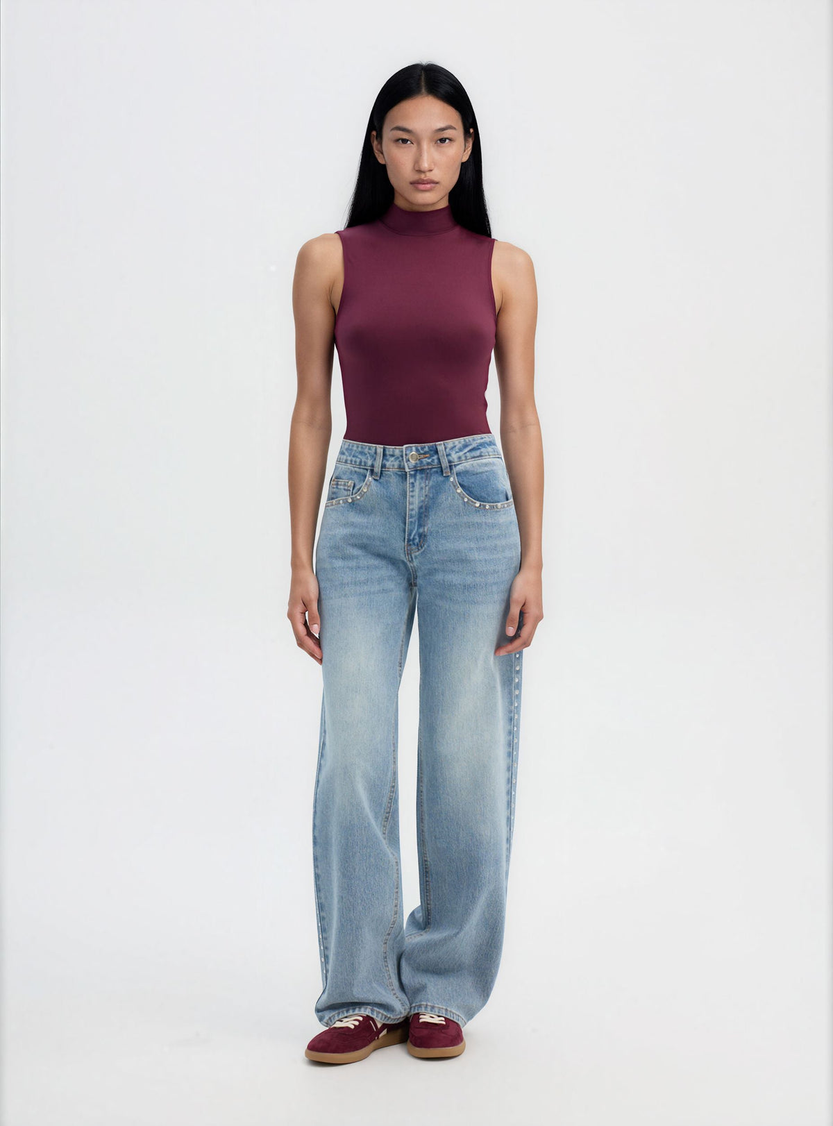 Wide-Leg Studded Jeans in Medium Denim Blue