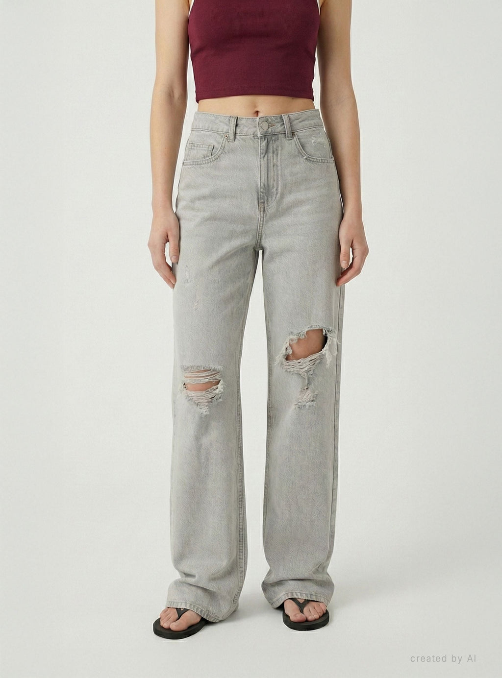 Vaqueros Pierna Ancha con Rotos Gris Denim