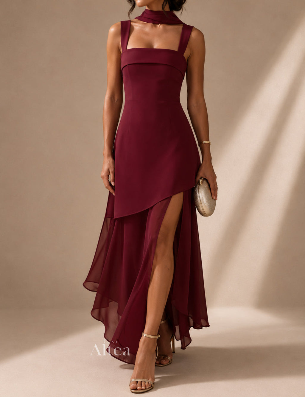 Celia | Vestido Maxi Borgoña con Detalle de Lazo y Falda de Gasa