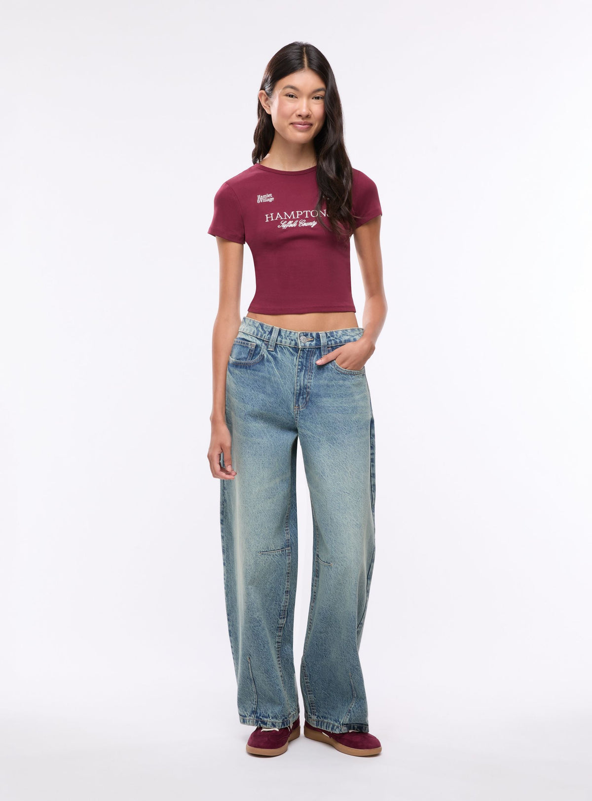 Barrel Jeans with Back Buckle Medium Denim Blue
