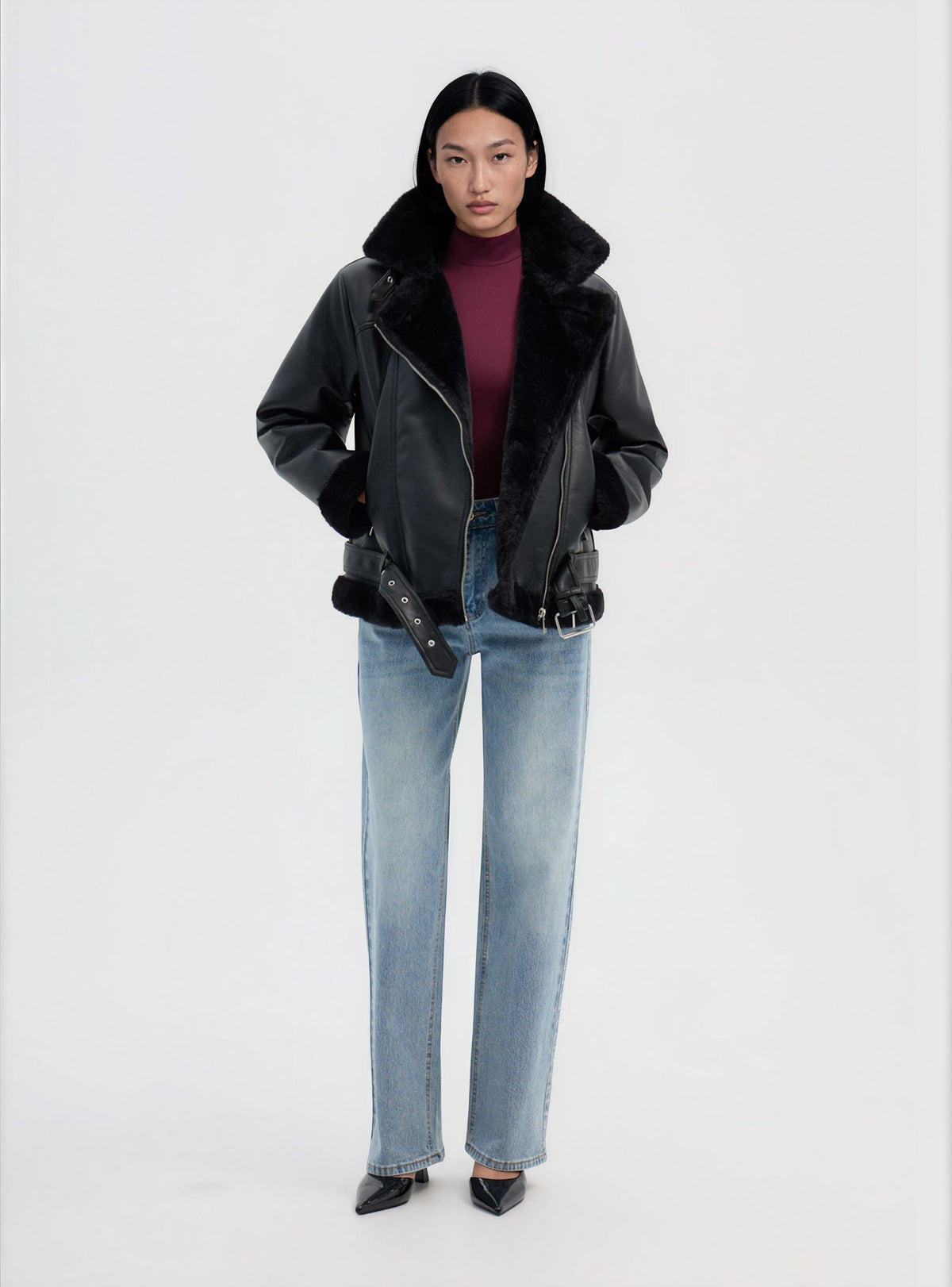 Chaqueta Biker Efecto Borreguito Negro