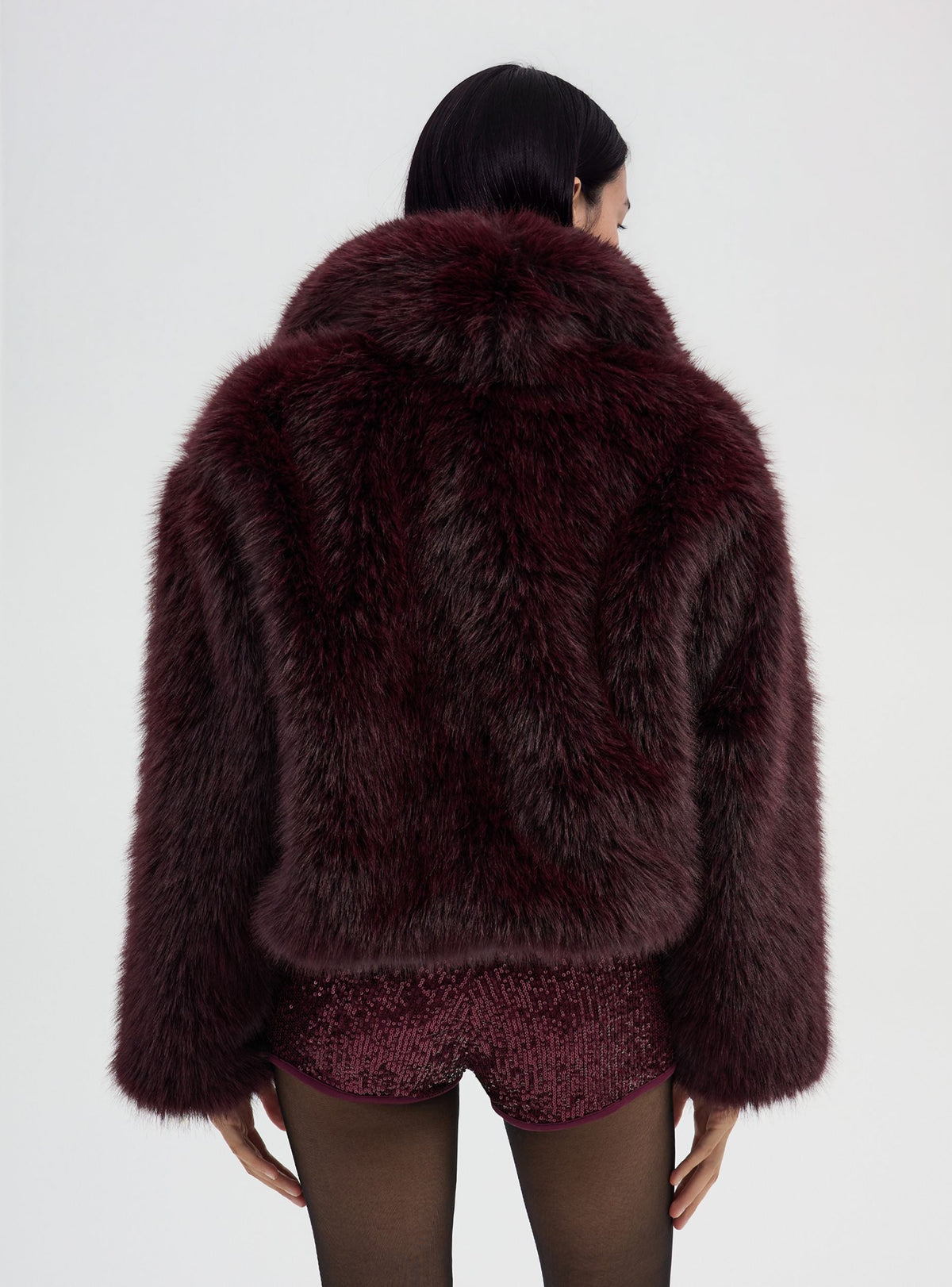 Chaqueta Corta con Cuello Efecto Pelo Largo Vino