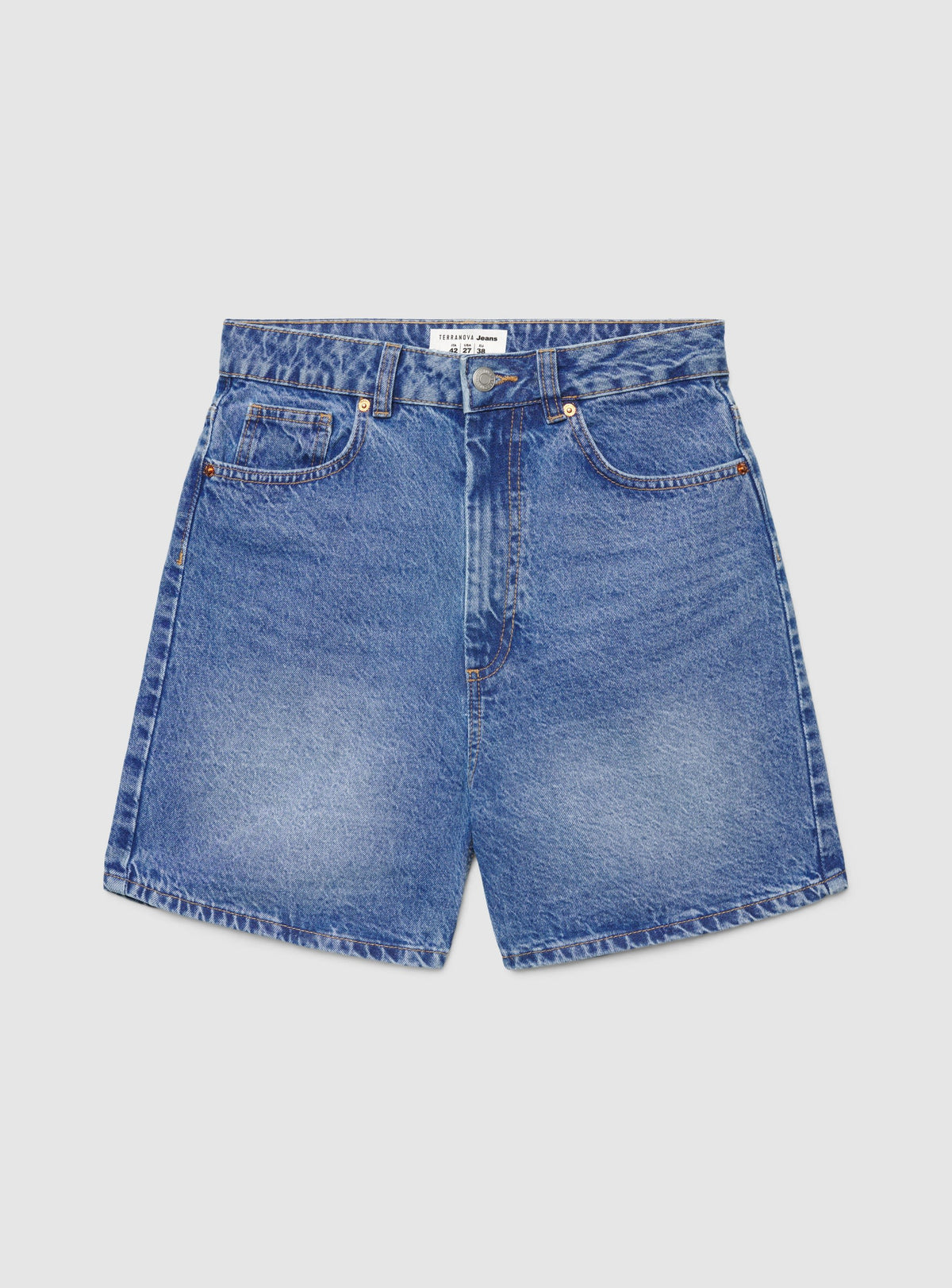 Bermudas Vaqueras Tiro Alto Azul Denim Medio