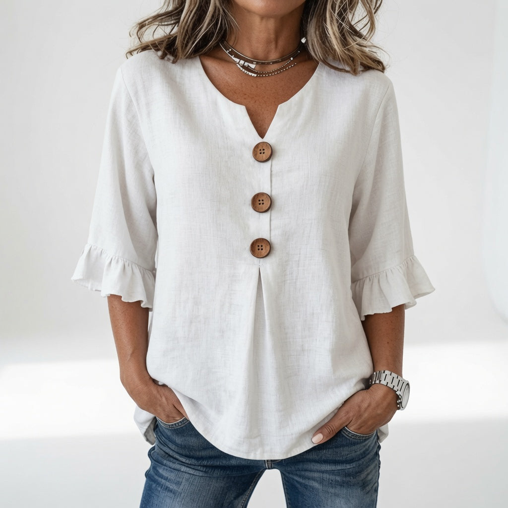 Rosanne | Blusa de Cuello V con Botones y Mangas de Volantes