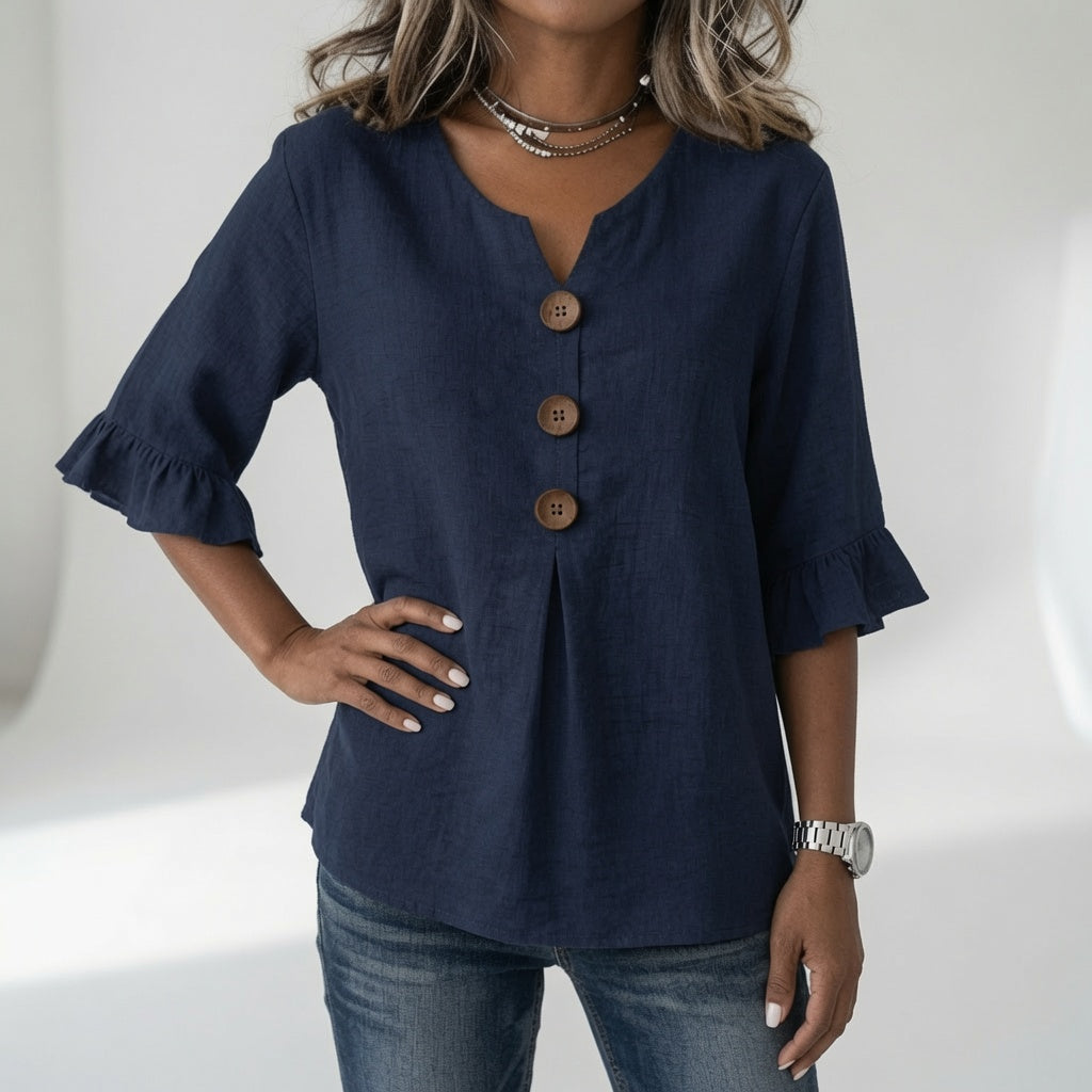 Rosanne | Blusa de Cuello V con Botones y Mangas de Volantes