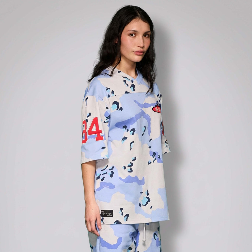 Camiseta Concreat Jungle Estampado Integral Cuello V Oversized Camuflaje Azul