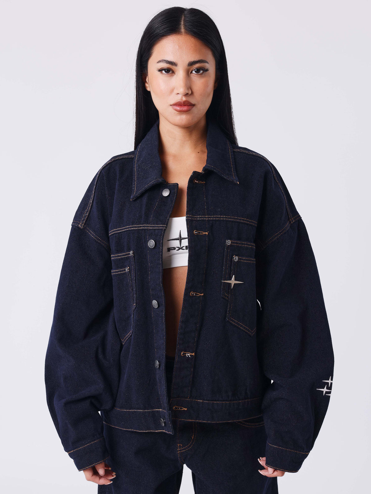 Oversized Ecru Denim Jacket with Polaris Stitching