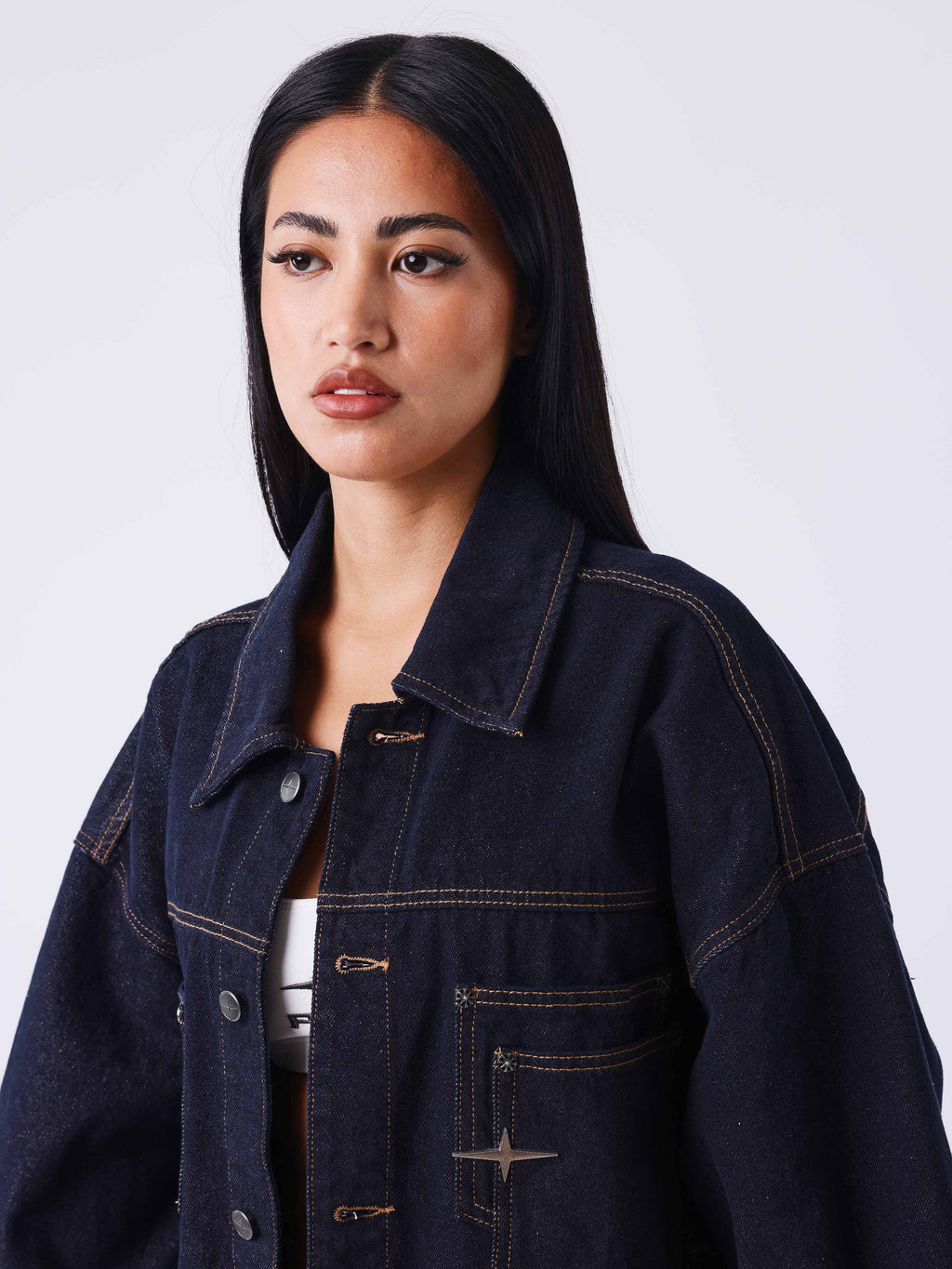 Oversized Ecru Denim Jacket with Polaris Stitching