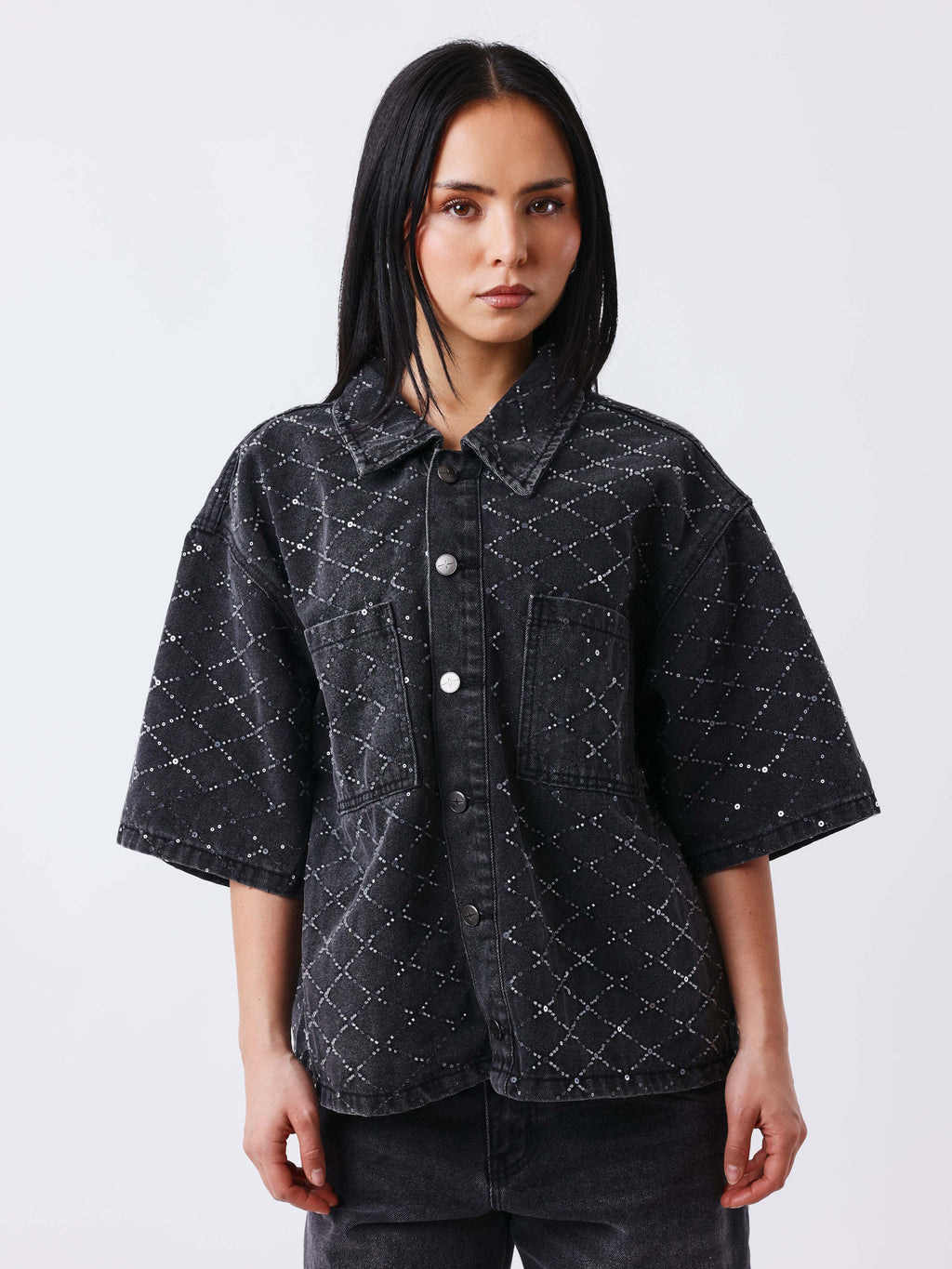 Grey Precious Short-Sleeved Denim Overshirt